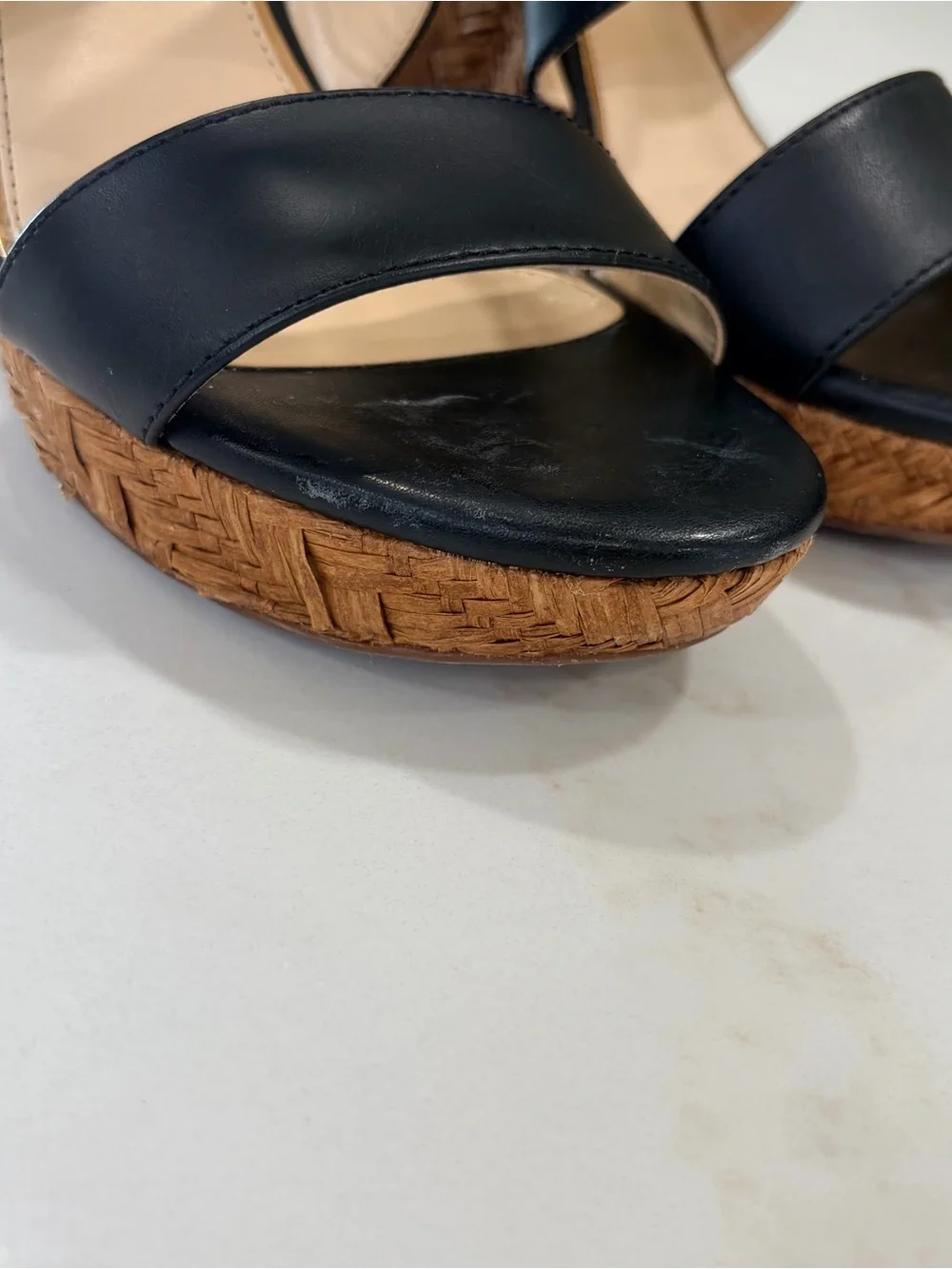 Jessica Simpson Black Crisscross Wedge Sandals with Woven Tan Platform